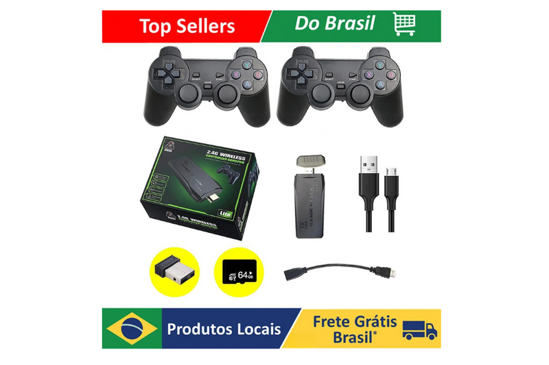 Videogame Stick 4K 64gb 2 Controles Sem Fio Console Portatil Jogos Retro